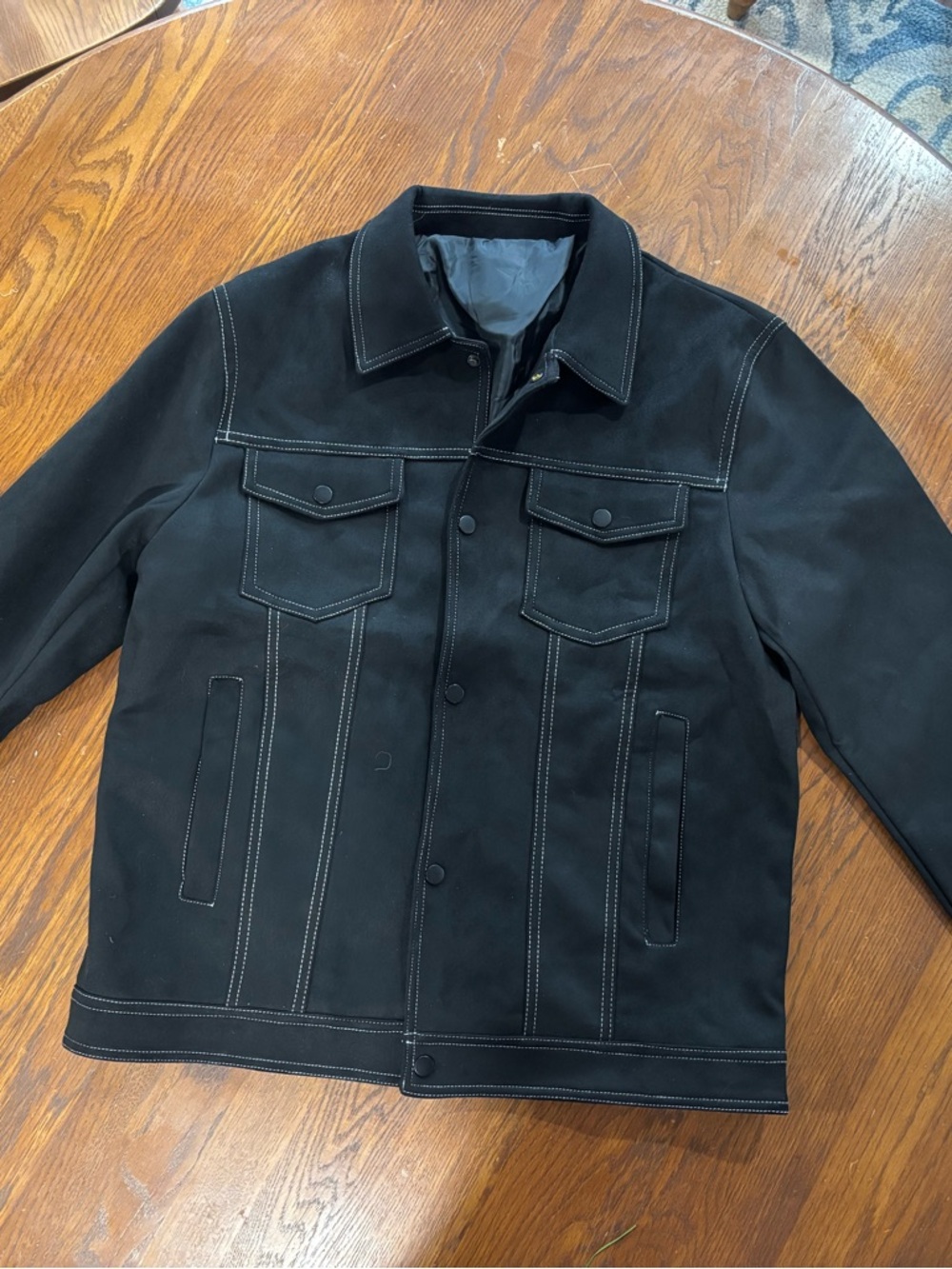 Men's Black Feaux Suede Contrast-Stitch Jacket - Picture 2 of 4